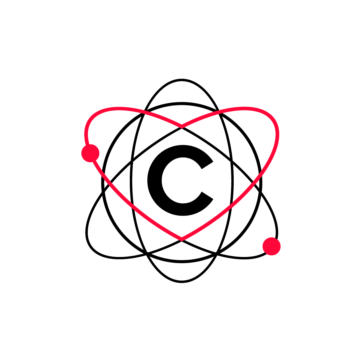 La imagen es un logotipo que consiste en un diseño atómico estilizado. En el centro del logotipo hay una letra "C" grande y negra. Alrededor de la "C", hay órbitas elípticas que representan el movimiento de electrones alrededor de un núcleo atómico. Estas órbitas están delineadas en negro y rojo, con dos puntos rojos representando electrones en diferentes posiciones en las órbitas. El diseño combina elementos de ciencia y química, enfatizando la conexión con el átomo, probablemente simbolizando el nombre "Chemsafe". El uso del color rojo y negro da al logotipo un aspecto moderno y profesional.